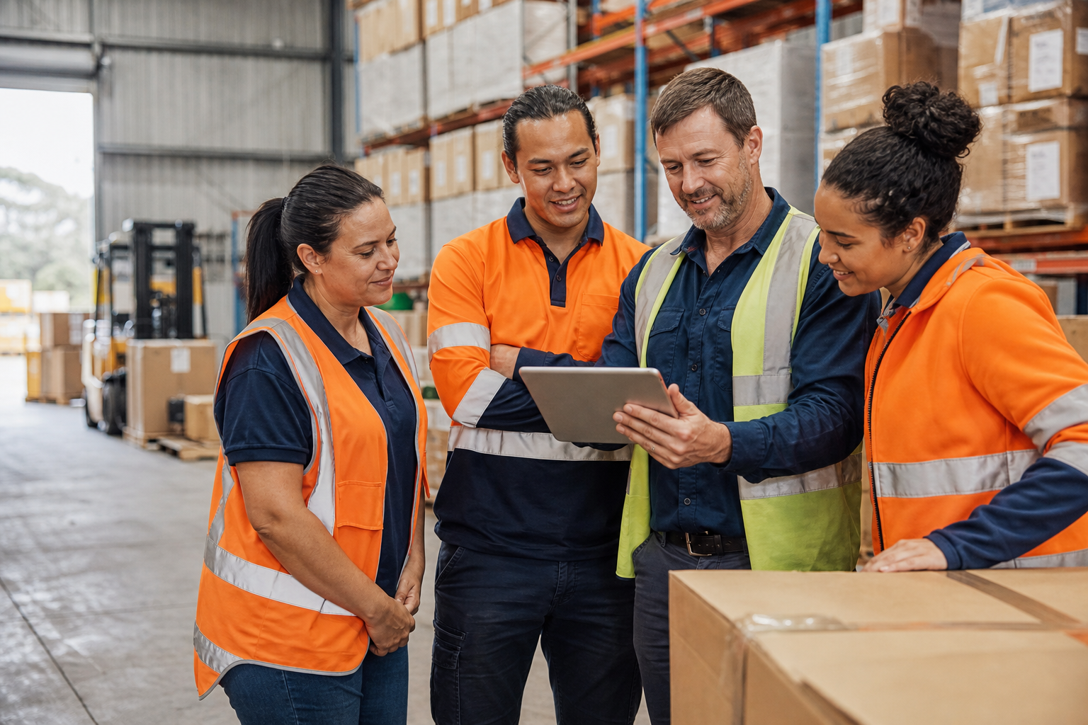 Warehouse team collaborating around live operational information